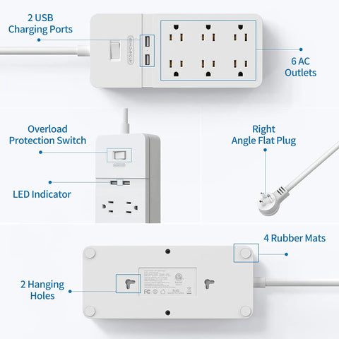 Surge Protector Power Strip With Cable Management Box 6 Outlets And 2 USB Ports Switch Control Flat Plug 5 Foot Heavy Duty
