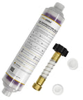 SlickRide Inline DI Deionizer Water System For Car Wash And Garage Detailing Featuring Transparent Housing And Purple To Brown Color Changing Resin Indicator with inline hose connector and filter.