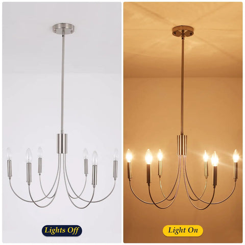 Rustic Farmhouse Chandelier With 6 Lights E12 Antique Candle Pendant for Dining Room, shown lit and unlit in split view.