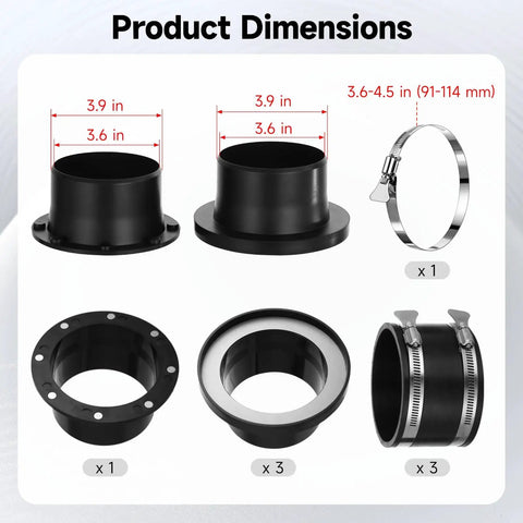 Product dimensions of 8 Pcs Dust Collection System For 4 Inch Shop Vac Hoses showcasing adapter sizes and clamp details.