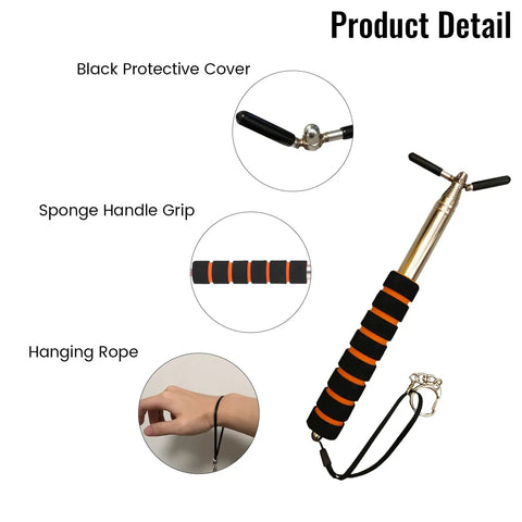 Rock Solid Extendable Tester Pole Built From Heavy Duty Stainless Steel Reach High Ceiling Smoke Alarms And Exit Signs With Ease Drop The Ladder Hassle For Zero Sweat Safety Checks showing sponge grip and black protective cover.