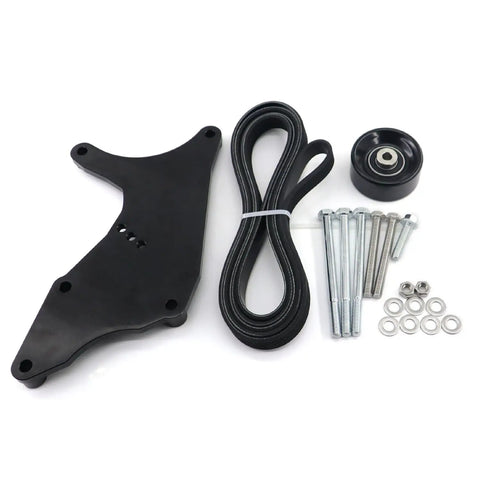 No Drama Hardened Dual Alternator Bracket Kit For Chevy GM Trucks 1999 2013, includes black bracket, belt, pulley, and bolts.