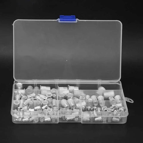 Open storage case with Beefy Aluminum Rivet Nut Kit M3 to M8 threaded inserts for sheet metal and DIY projects