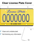 Clear License Plate Cover Set For Front And Rear Unbreakable Transparent Protector With Screws Caps 2 Pack Street Legal Prevent Discoloration Keep Plates Clean And Protected For All Vehicles, showing transparent covers over a plate with "License Plate" text.