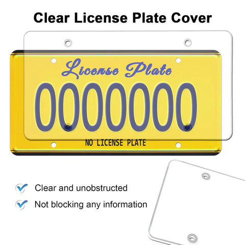 Clear License Plate Cover Set For Front And Rear Unbreakable Transparent Protector With Screws Caps 2 Pack Street Legal Prevent Discoloration Keep Plates Clean And Protected For All Vehicles, showing transparent covers over a plate with "License Plate" text.