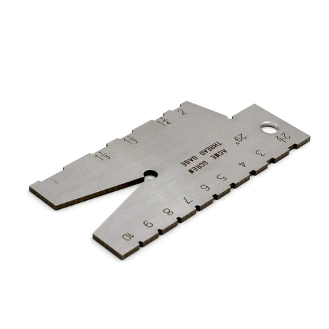 Stainless steel 29 Degree Thread Gauge And Angle Template with laser engravings, showing edge and angle details for machining.