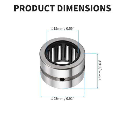 Heavy Duty NK15/16 Needle Roller Bearing Two Piece Set dimensions showing 15mm bore, 23mm OD, 16mm width, steel crafted.