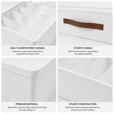 Fabric Drawer Organizer For Intimates And Bras With Six Roomy Compartments Plus Grip Handle Hella Breathable Linen closet bin with compartments and handle.