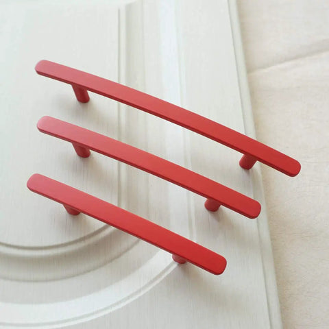 Top Shelf Red Drawer Pulls For Kitchen Cabinets And Dressers Rock Solid Zinc Alloy Construction in three lengths on a cabinet.