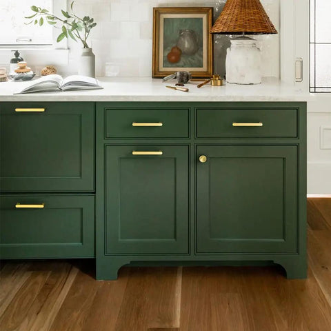 Six Pack Heavy Duty Pure Brass Cabinet Pulls With Matte Brushed Finish 5 Inch Center To Center on green kitchen cabinets