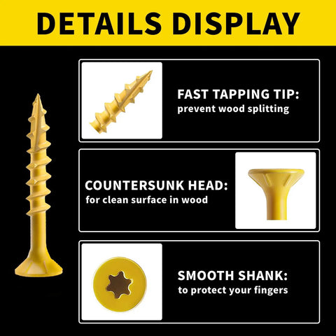 Weatherproof Tan Wood Screws For Outdoor Decks And Fences One And One Half Inch No Eight Deck Screws 155 Piece Pack Rust Resistant Epoxy Coated With T25 Torx Bit Included Built To Last details display with fast tapping tip, countersunk head, smooth shank.