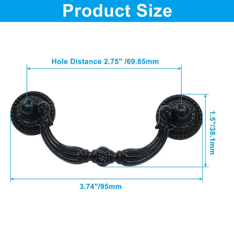 Premium Vintage Bail Pull Handles Two Seventy Five Inch Center Spacing Hella Durable Antiqued Black Cabinet Drawer Knobs measuring 2.75 inch hole distance.