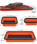 Collapsible Magnetic Parts Tray Set With 3 Foldable Silicone Tool Trays showing dimensions for bolts, screws, and small parts storage.