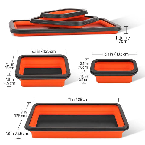 Collapsible Magnetic Parts Tray Set With 3 Foldable Silicone Tool Trays showing dimensions for bolts, screws, and small parts storage.