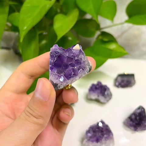 Premium Set Of Two Natural Amethyst Gemstone Cabinet Knobs And Heavy Duty Drawer Pulls Featuring Smooth Purple Crystal Finish To Level Up Your Home Decor Game Today - Handheld amethyst crystal piece.
