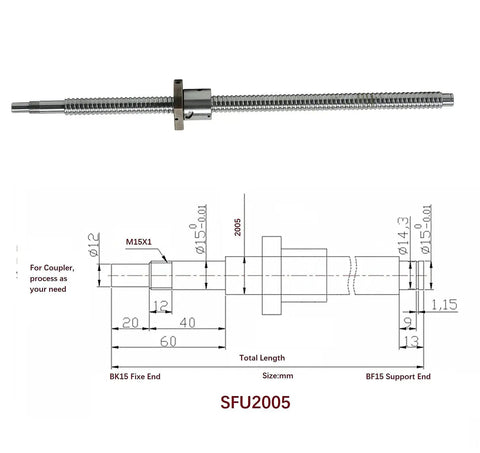 Badass 20mm Anti Backlash Ball Screw Kit With 2800mm Precision C7 Lead Screw showing BK15 fix end and BF15 support end with dimensions.