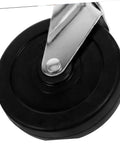 Heavy Duty Gate Caster Wheels With Adjustable Height Metal Elastic Support, black rubber wheel with metal attachment, close-up view.
