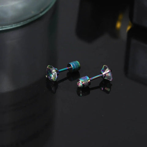 Premium 5A Cubic Zirconia Screw Back Stud Earrings For Men And Women Hypoallergenic Surgical Steel double sided design in colorful finish.
