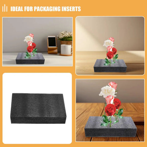 Black EPE Polyethylene Foam Sheets Two Pack Hella Thick Protective Pads For Heavy Duty Crafting Shipping Wrapping Box Cushioning displayed with floral arrangement.