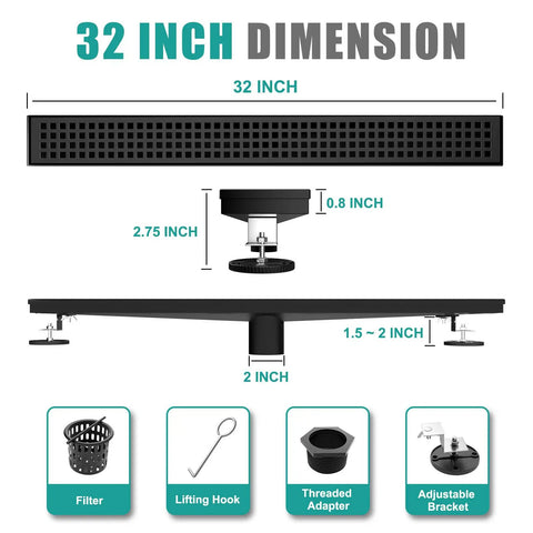 32 Inch Linear Shower Drain With Removable Square Cover And Hair Catcher Sleek Easy Install Matte Black 304 Stainless Steel Rectangular Floor Drain Cupc Certified Durable Modern Shower Drain For Luxury Bathrooms dimensions and accessories diagram
