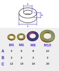 Premium Grade 5 Titanium Flat Washers For M5 M6 M8 M10 Bolts And Nuts Rock Solid Corrosion Resistant Heavy Duty Hardware Fasteners 10 Pack Silver with dimensions.