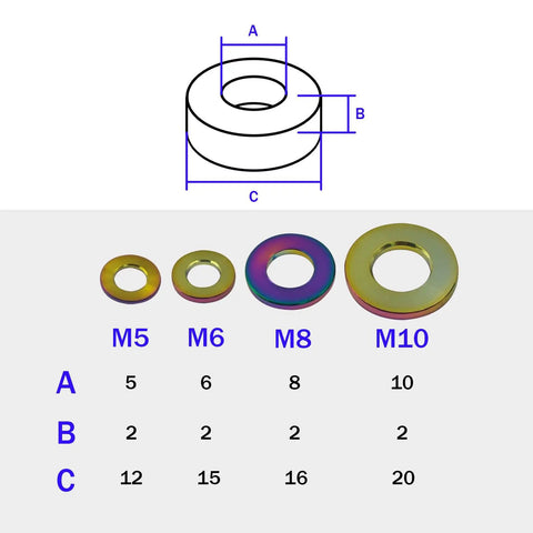 Premium Grade 5 Titanium Flat Washers For M5 M6 M8 M10 Bolts And Nuts Rock Solid Corrosion Resistant Heavy Duty Hardware Fasteners 10 Pack Silver with dimensions.