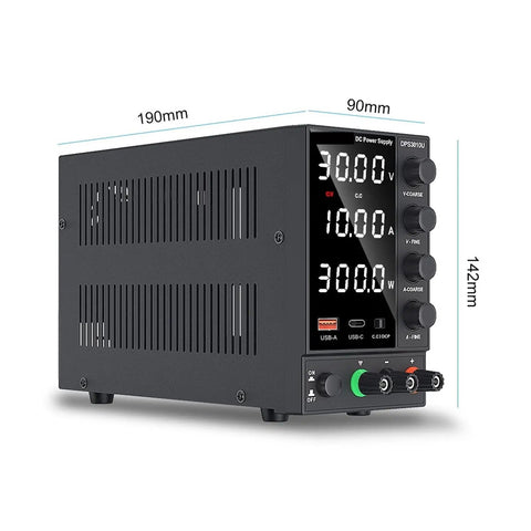 Beefy DC Lab Power Supply Adjustable Bench Source 30V 10A And 60V 5A Switching Regulated Supply With USB Fast Charge Short Circuit Protection Low Ripple Compact High Power Density Easy Voltage Stabilization And Current Limit DPS3010U, 190x90x142mm