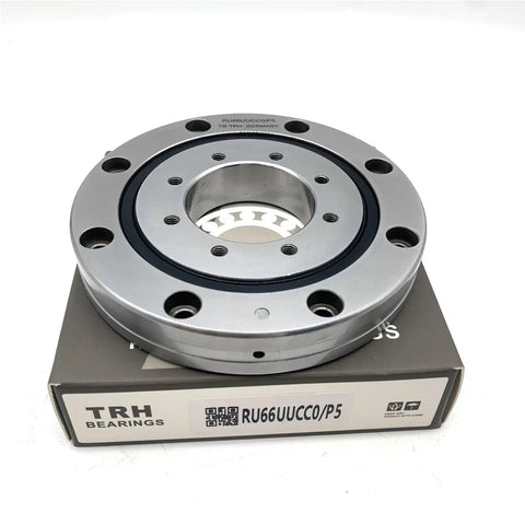 Built Tough Cross Roller Ring Slewing Bearing Direct Bolt On Swap For Robot Arm Turntable RU66UUCC0 with smooth surface and mounting holes.