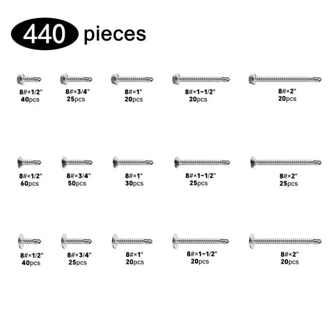 Hardcore Boss Grade 440 Piece 410 Stainless Steel Self Tapping Screw Assortment Kit For Sheet Metal with varied sizes.