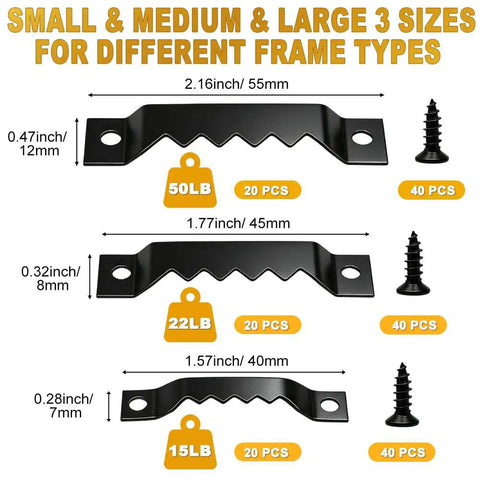 Straight Up Sixty Piece Sawtooth Picture Hanger Kit With Three Assorted Sizes And Hardcore Load Rating For No Sweat Wall Decor Hanging And Quick Home Studio Setup Needs featuring three hook sizes and screws.