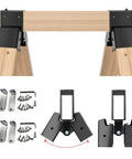 Beefy Heavy Duty 2x4 Target Stand Brackets For AR500 Targets Hanger Saw Horse Brackets For 2x4 Wood Adjustable A Frame Leg Base Steel 2 Pack Built For Quick Tool Free Setup showing assembled and disassembled components.