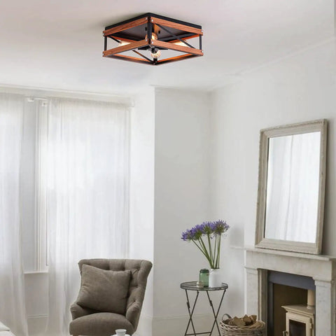 Elegant living room with 4 Light Rustic Farmhouse Flush Mount Ceiling Light with Metal and Wood Square Frame, Dope Black Finish