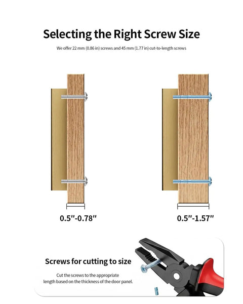 Image showing screw size options for cabinet handles, illustrating 22 mm and 45 mm lengths for proper installation.