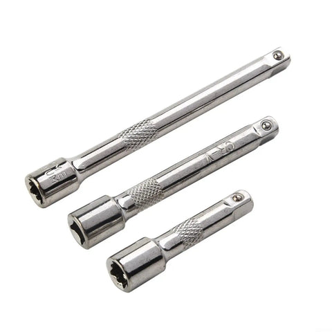 Heavy Duty 1/4 Drive Socket Wrench Extension Bar Chrome Steel Flex Adapter Reaching Through Tight Obstacles With Strong Torque Transfer Wobble Head Design No Nonsense Build For Ratchet Tools Socket Set Essential Gear Silver Set of three chrome steel socket extensions.