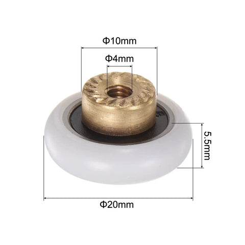 Heavy Duty Shower Door Roller Wheel Replacement Set For Sliding Bathroom Glass Doors, 20mm slick gliding POM wheel with brass center.