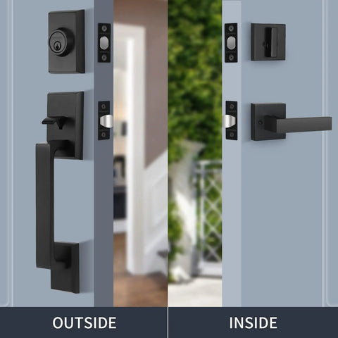 Front Door Handleset With Single Cylinder Deadbolt In Matte Black Zinc Alloy Lockset For Exterior Entry Reversible For Right Or Left Handed Doors Built To Last Easy Install Home Security Upgrade shown on open door with handle visible from both inside and outside views.