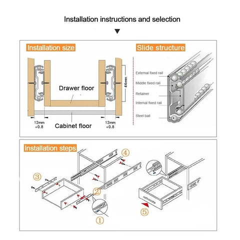 Installation guide for Rock Solid Heavy Duty Soft Close Drawer Slides Kit, showing side mounting and slide structure.