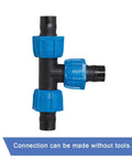 Watts ANKA 1in poly-pipe tee, black glass-fiber reinforced nylon body with blue tapered-nut seals for irrigation.