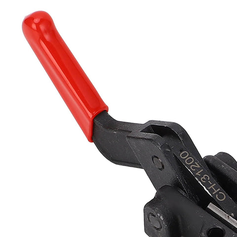 Close-up of Double Headed Push Pull Quick Release Toggle Clamp with red ribbed plastic handle and cast iron base, part view.