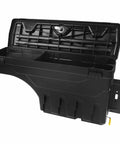 Ultimate Top Tier Heavy Duty Rear Toolbox Rack For Ford Ranger 2019 To 2021 Matte Black storage crate with open lid showing compartments.