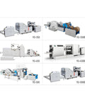Various models of Automatic Paper Tote Bag Making Machine For Shopping Bags displayed in a grid format, showcasing equipment design.