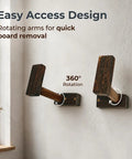 Ripper Ready Wood Surfboard Wall Mount Rack With Rotating Arms Vertical Storage Stand For Shortboards Longboards And Wakeboards displaying 360° rotating arms.