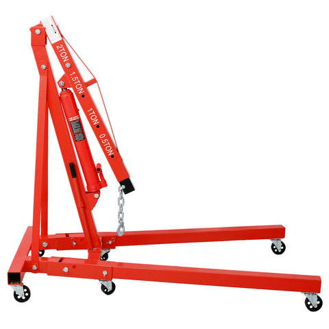 Badass Rolling Cherry Picker Engine Hoist With Six Swivel Caster Wheels Two Ton Folding Shop Crane Heavy Duty Steel Auto Lift Smooth Operator Gear For Hot Rod Shops in red with hydraulic arm.