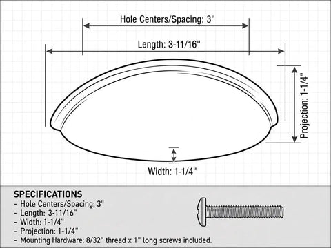 Dimensions and specifications for Top Tier Weathered Nickel Cabinet Handles 25 Pack 3 Inch Hole Spacing for Kitchens and Baths.