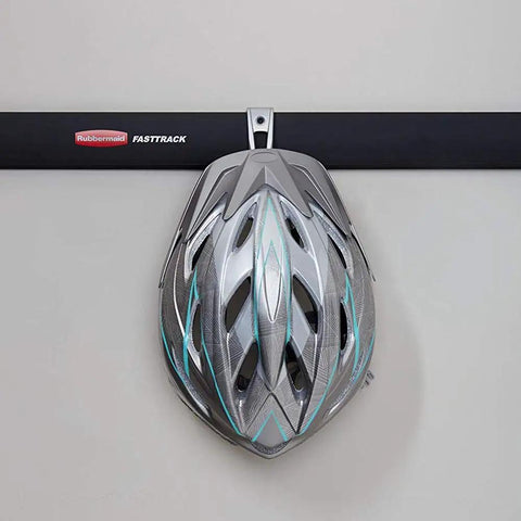 Must Have FastTrack Garage Hook Set 6 Pack Heavy Duty Powder Coated Metal Hangers holding a helmet on rail