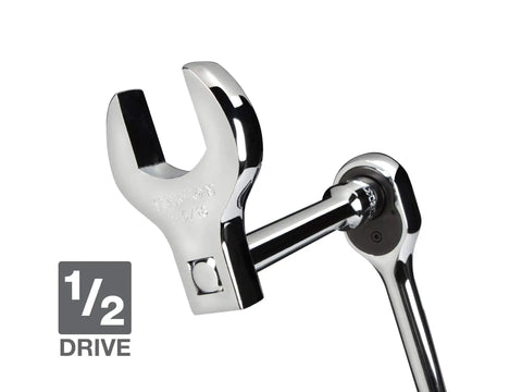 1/2 Inch Drive Jumbo Crowfoot Wrench Set, 14-Piece From 1-1/16 To 2 In, attached to a ratchet, showing heavy duty build.