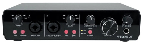 Dope Podcast Recording Bundle With Condenser Microphone Shock Mount Studio Headphones And Slick Usb Audio Interface For Desktop Streaming grind, black USB audio interface with gain controls and monitoring options.