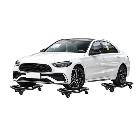 Heavy Duty Car Wheel Dollies Set Of 4, 6000 Lbs steel tire skates supporting a white car for easy movement.