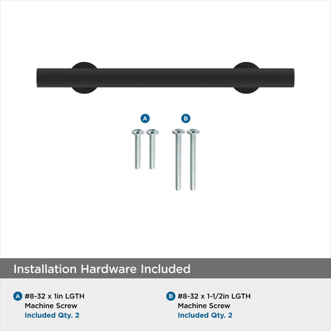 Top view of matte black radius cabinet pull with installation hardware, 3.75 inch center-to-center, five and three quarters inch length.