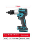 Side view of Beefy Brushless Electric Rivet Gun Kit With Automatic Riveter Heads, showing 220mm length and specifications chart.